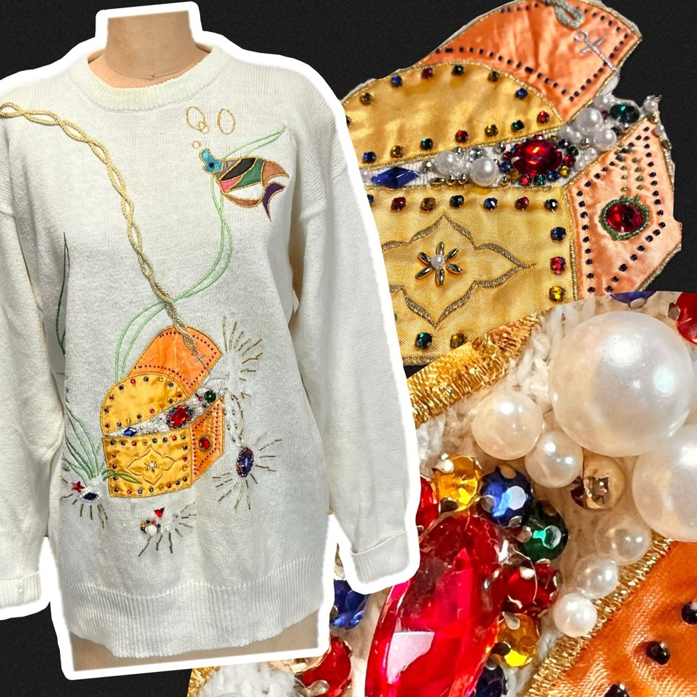VINTAGE treasure chest jewels under the sea knit sweater beaded embellished 80s